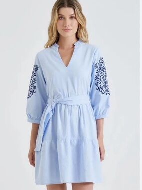 Esprit Light Blue Dress with Navy Embroidered Sleeves